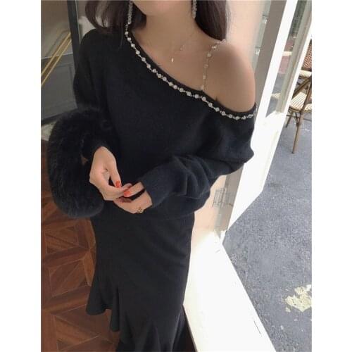 LMQ NEW Women One Word Collar Rhinestone Sling Strapless Long Sleeves Knitted Diamonds Sweater Loose Sexy Chic Pullover Tops
