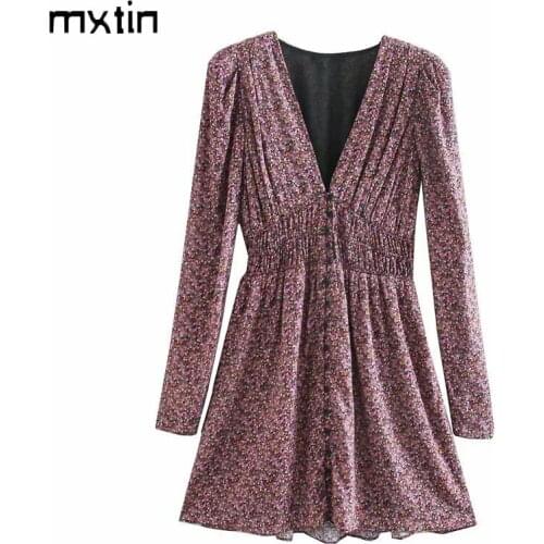 MXTIN 2021 Women Chic Fashion Floral Print Mini Dress Vintage V Neck Long Sleeve Elastic Waist Female Beach Dresses Vestidos