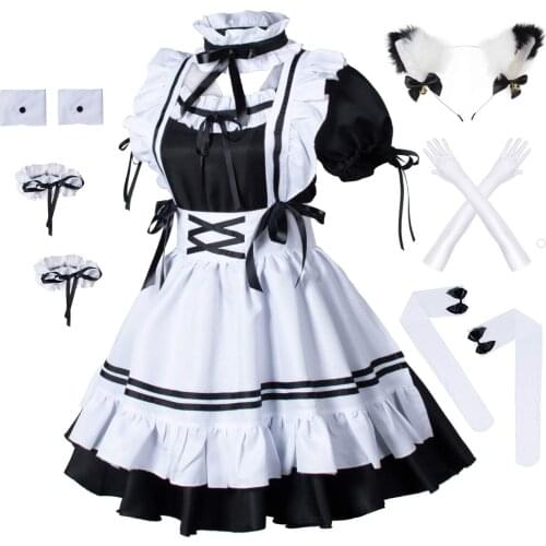 New Style Japanese Anime Sissy Maid Dress Cosplay Sweet Classic Lolita Fancy Apron Maid Dress with Socks Gloves Set FOR WOMEN