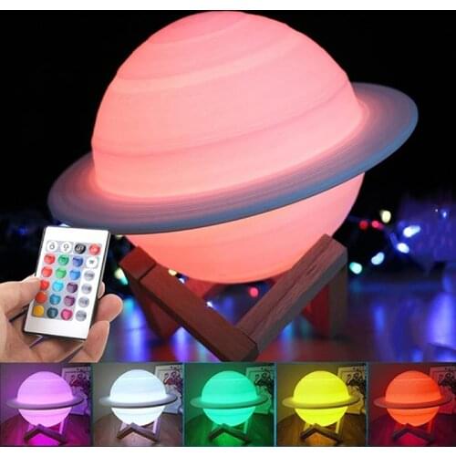Rechargeable 3D Print Saturn Lamp Like Moon Lamp Night Light For Sky Touch Light With 3Colors 16 Colors Remote Home Decor Gift