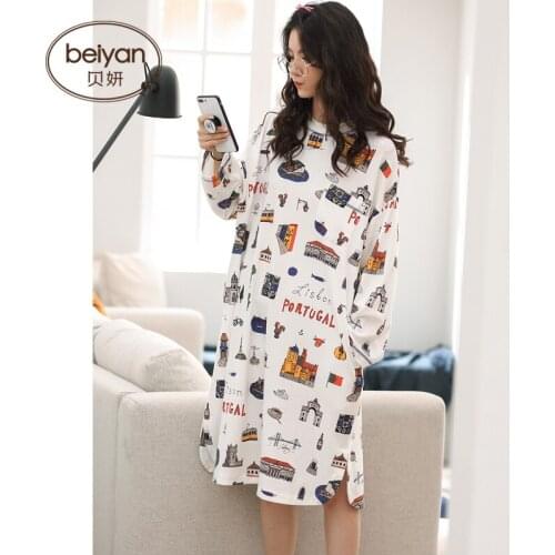 Autumn Pajamas Sleepwear Cute Cartoon Women Full Sleeve Skirt Cotton Household Cofortable Set
