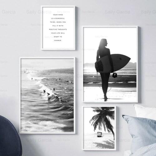 Black and White Seascape Poster Beach Surfing Canvas Painting Waves Wallpaper Nordic Decoration Home Print Art Craft Picture