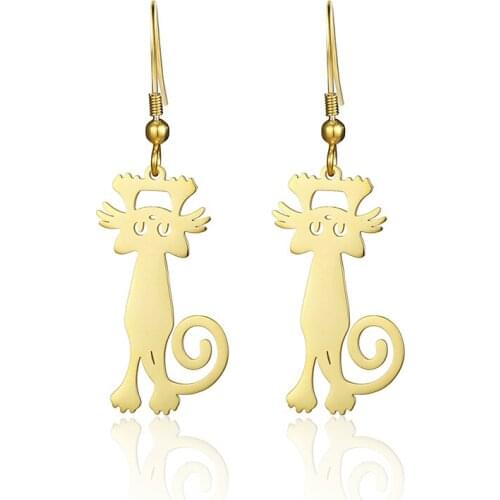 RIR Cute Pet Cat Hanging Earrings Simple Small Golden Cat Charm Metal Earrings Animal Jewelry Nature Love Cat Gift