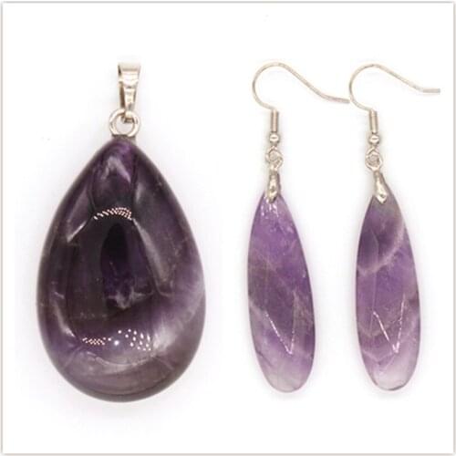 Kraft-beads Silver Plated Natural Amethysts Stone Water Drop Pendant Earrings For Anniversary Jewelry Sets