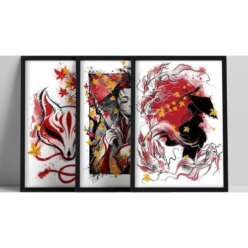 Japanese Samurai Geisha Fox Canvas Painting Modern Wall Art Pictures Abstract For Living Room Home Decoration Posters And Prints