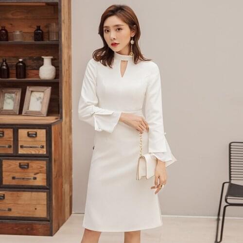 YIGELILA Autumn New Arrivals White Dress O-neck Full Sleeves Solid Elegant Dress Flare Sleeves Knee-length With Belt Dress 65372