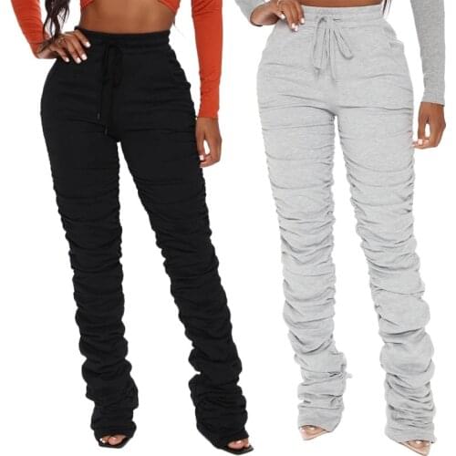 Drawstring Casual Extra Long Gray Pants for Women Female Stacked Sweatpants Skinny Flare Pleated Stacked Leggings Trousers