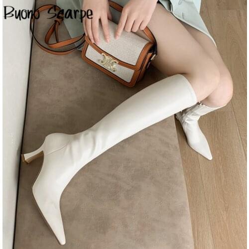 2021 New High Heels Pointed Toe Elastic Long Boots Leather Chunky Heel Women Knee High Boots Side Zipper Ladies Sexy Party Botas