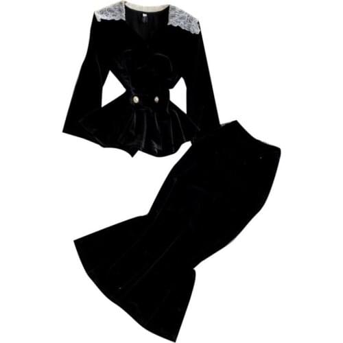 Spring autumn v-neck ol velvet top blouse+high waist package hip mermiad skirt women two piece sets