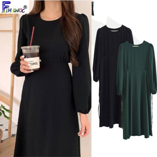 Vintage Dresses Long Autumn Winter Basic Wear Women Long Sleeve Casual Temperament Lady A Line Dress Korea Style Clothes 8224