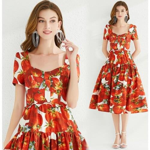 New 2021 Runway Designer Flower Summer Dress Womens Square Collar Short Sleeve Red Tomato Print Party Dress