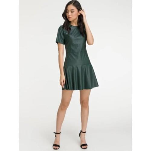 Women Vintage Ruffled PU A-line Party Dress Short Sleeve O neck Green Color All-match Office Lady Dress 2021 Autumn New Dress