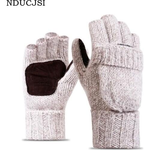NDUCJSI Winter Warm Exposed Finger Mittens Knitted Warm Flip Half Finger Gloves Men Women Wool Work Thick Male Fingerless Gloves