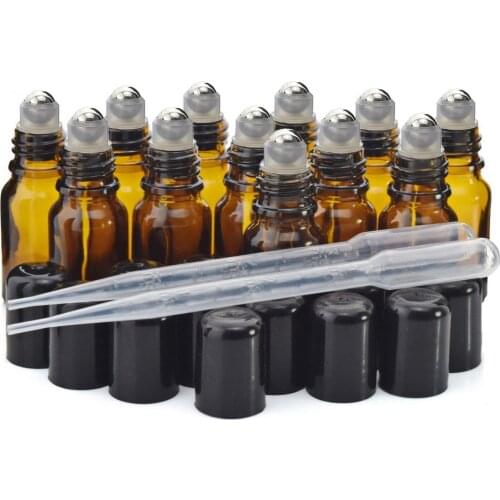 12pcs 10ml Essential Oil Roller Bottles Empty Amber Glass with Stainless Steel Roll On Balls for Perfume Aromatherapy Refillable