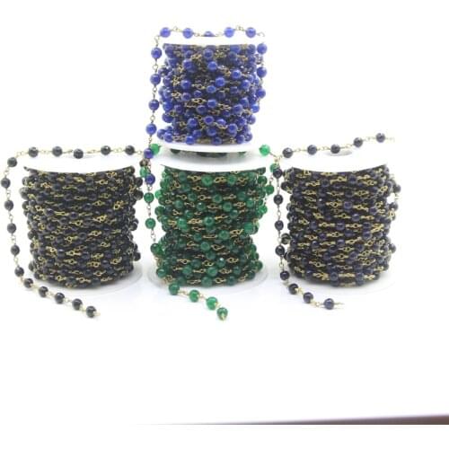 5Meter 6mm Faceted Round Beads Rosary Chains,Brass Wire Wrapped Jades Onxy Blue Goldstone Link Necklace Chains Jewelry Making