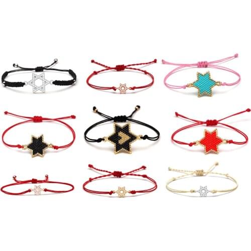 White Cubic Zirconia Crystal Jewish Stars Charm Bracelet Women Men Red Waxed String Kabalah Magen David Braided Jewelry Gift