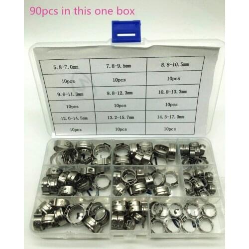 Free shipping Pipe Clamp High Quality 90 PCS Stainless Steel 304 Single Ear Hose Clamps Assortment Kit Single with box