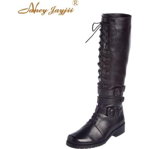 Motorcycle Boots Women Shoes Adult Ladies Cross-Tied knee-High Square Heel Solid Round Toe Ladies Zipper Black Nancyjayjii 2019