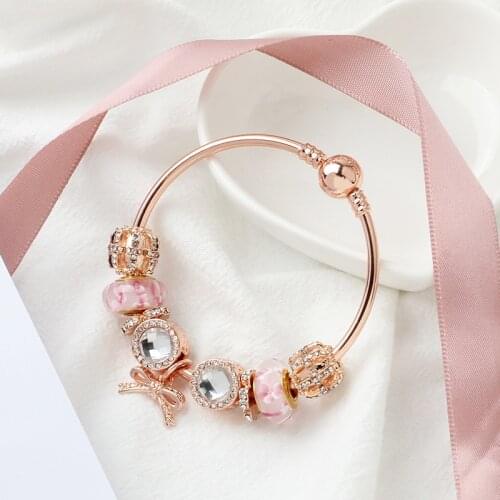 Rose Gold Bow Charm Bracelet for Crystal Beaded Women Bracelet Diy Jewelry