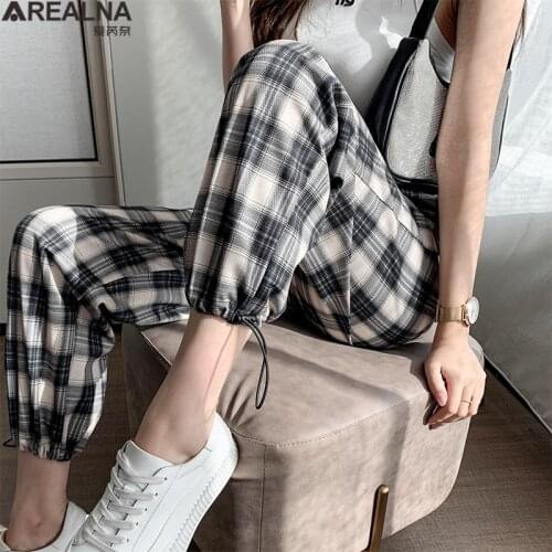 Casual Harem pants Women Elastic Waist Drawstring Plaid wide leg pant Chic Trendy Office Lady All-match Harajuku pantalon femme