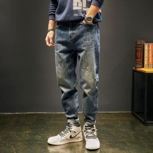 Korean Style Vintage Fashion Men Jeans Retro Blue Loose Fit Casual Denim Taper Pants Autumn Streetwear Harem Ripped Jeans Men