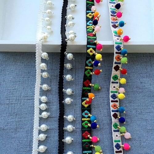 10Yards White Black Pearl Lace Fabric Clothing Accessories Collar Diy Handmade Fringe Beaded Pom Pom Lace Trim Sewing Material