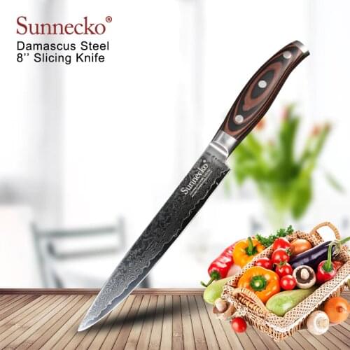 SUNNECKO 8" inch Slicing Kitchen Chef Knife Japanese Damascus VG10 Steel 60HRC Sharp Pakka Wood Handle Cutting Tools X-mas Gift