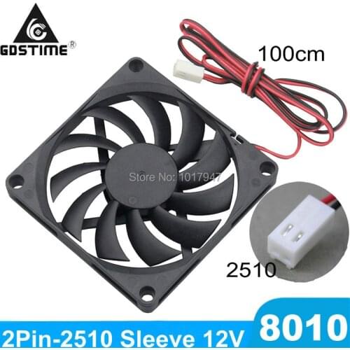 100Pcs Lot Gdstime DC 12V 2Pin 2510 Connector 80mm Case Cooling Fan 80x80x10MM CPU Cooler 8cm 8010 with 100cm Cable Length