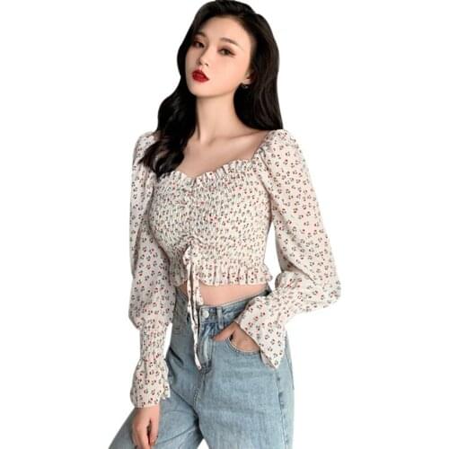 Summer Women Fashion Square Collar Sexy Sweet Pleated Small Floral Print Short Chiffon Shirt