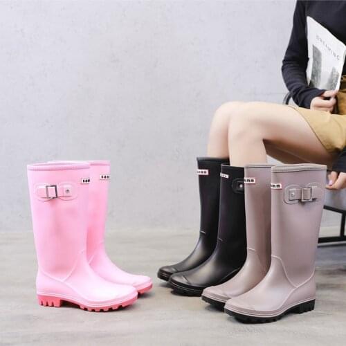 Hot Fashion Rainboots Women Knee-High Water Boots Buckle Long Tube High-grade Waterproof Shoes Womens Rubber PVC Rain Boots