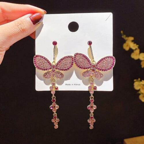 MENGJIQIAO Korean Luxury Pink Rhinestone Butterfly Long Drop Earrings For Women Girls Fashion Holiday Party Pendientes Jewelry