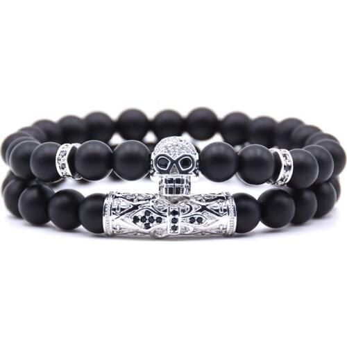 New Punk Skull Bracelet Female Friend Frosted Stone Beads Mens Jewelry Elastic Bracelet Pulseras Mujer Bracciali Uomo