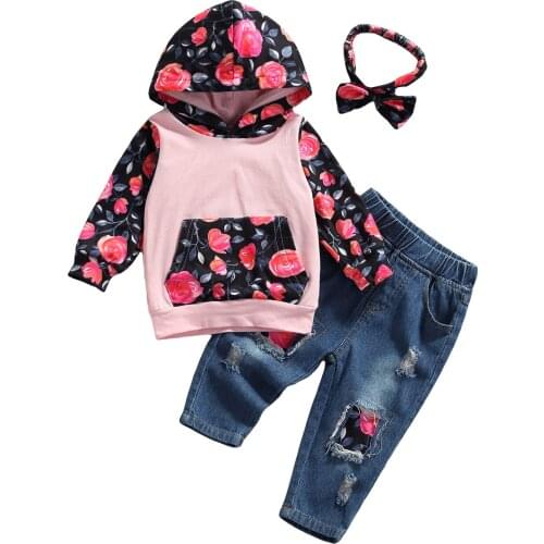 3 Pcs Leopard/Flower Print Outfits Autumn Baby Girls Clothes Long Sleeve Hoodie with Pocket + Ripped Jeans + Bowknot Headband