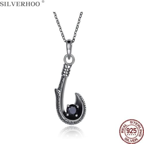 SILVERHOO Trendy Vintage Fish Hook Pendant Necklaces 925 Sterling Silver Black Cubic Zirconia Hip Hop Necklace For Men Jewelry
