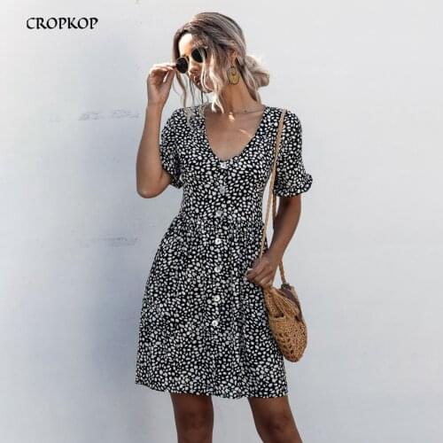 Dress Women Leopard Print Pockets Casual Ruched Summer Short Mini Dresses Buttons 2020 Fashion Black Everyday Clothes For Women