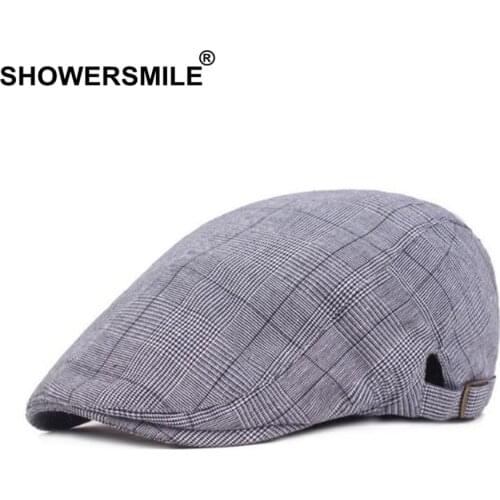 SHOWERSMILE Flat Hat Beret Men Houndstooth Blue Duckbill Ivy Cap British Vintage Cotton Summer Adjustable Casual Male Gatsby Hat