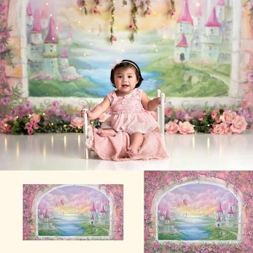 Outside of Window-Baby Girls Portrait Backdrops Hand Painted Floral Window Castle Background Girls Art Photography Backdrop