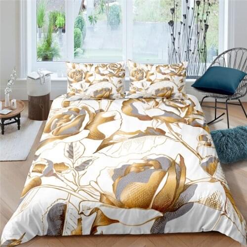 Luxury 3D Golden Rose Flower Print 2/3Pcs Kids Bedding Set Comfortable Duvet Cover Pillowcase Home Textile Queen and King Size