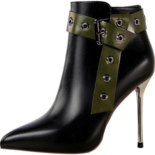 Meriahzheng Knight Boots Thin Heeled Ultra-High Heel Sexy Nightclub Slim Pointed Riveting Nail Belt Buckle Short Boots DS-8663-3