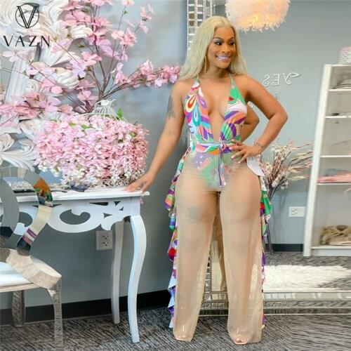 VAZN 2021 Womens Clothing Special Design Print Sleeveless Halter 2PCs Set O-neck Beach Clothing Ladies Women Suits