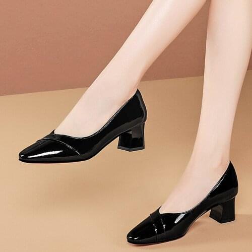 High Quality Genuine Leather Thick Heels Party Women Shoes Brand High Heels Wedding Ladies Shoes Women Heels Size:34-42