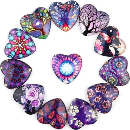Xinyao 20pcs 10pcs 10mm 12mm 14mm 18mm 20mm 25mm Purple Heart Flowers Pattern Mixed Glass Heart Cabochon for DIY Jewelry Finding