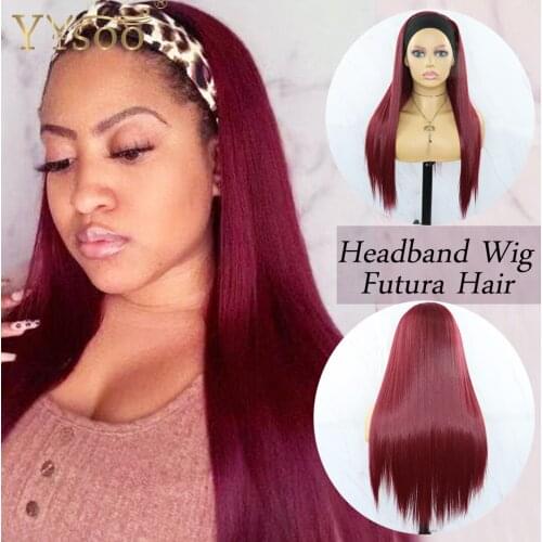 YYsoo Long Silky Straight Headband Wigs For Women Girls Burgundy Color Japan Futura Hair Synthetic Wig With Headwrap No Lace Wig