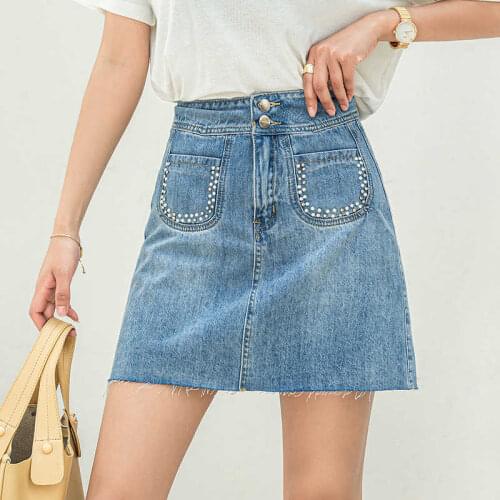Summer Double-breasted High Waist Ladies Beaded Denim Skirt All-match Blue Jean Short Dress Woman