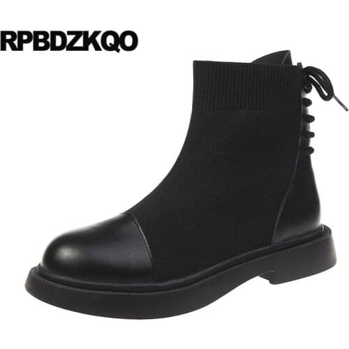Knit Fall Autumn Flat Fashion Cheap Black Designer Lace Up Women Ankle Boots 2021 Round Toe Short Booties Retro Shoes Chinese