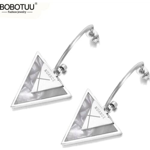 BOBOTUU Titanium Stainless Steel Geometric Triangle Earrings For Women Girls Fashion Bohemia White Shell Party Earrings BE19180