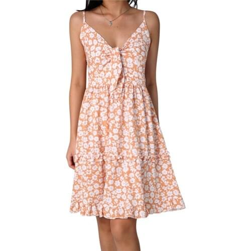 Women Floral Spaghetti Strap Dress Tie Up Ruffle Mini Dress Summer Office Lady Deep V Neck Printed Pencil Dress Party Vestidos