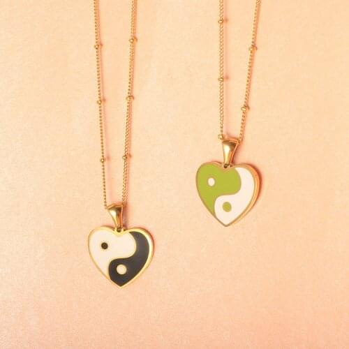 Women Necklace Love Heart Shape Bagua Epoxy Powder Yin Yang Colorful Enamel Pendant Titanium Steel Men Necklace Jewelry Gift