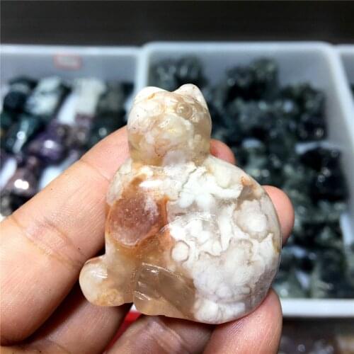 1pcs Lovely natural cherry blossom agate crystal hand carved cute cat animals for home decoration in beautiful colors