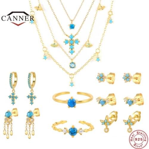 CANNER Sterling Silver Turquoise Pendant Chain Necklace Ring Piercing Earrings for Women Men Party Wedding Jewelry Accessories
